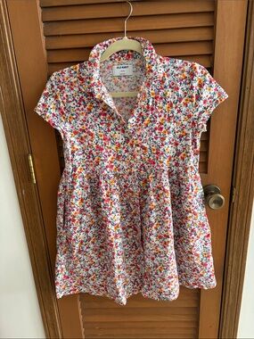 Old Navy White Floral Button-Up Babydoll Dress with Red and Yellow Accents